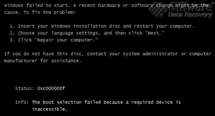 The client in this HP data recovery case received this Windows boot error message: The boot selection failed because a required device is inaccessible.