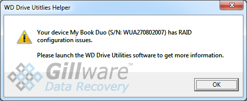 WD MyBook Duo configuration error: "Your device My Book Duo has RAID configuration issues. Please launch the WD Drive Utilities software to get more information."